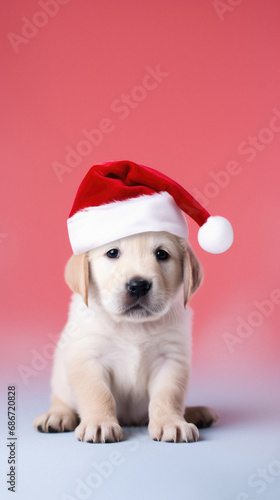 Labrador retriever puppy with santa hat on red background.