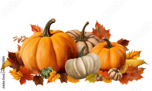 pumpkin and autumn leaves isolated on transparent background