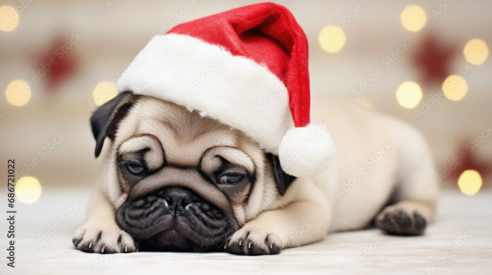 Cute pug dog with Santa hat on bokeh background.