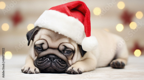 Cute pug dog with Santa hat on bokeh background. © Synthetica