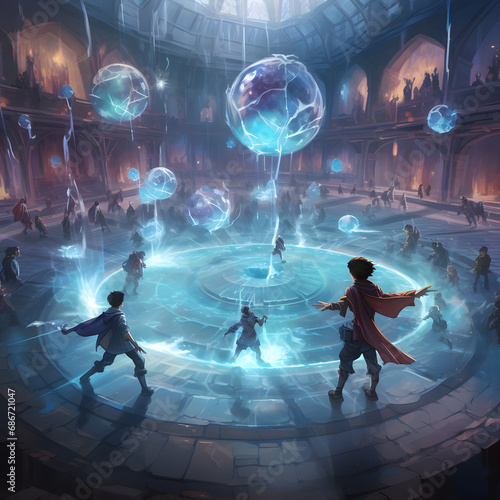 Wizards playing a magical game of floating soccer in a crystal arena