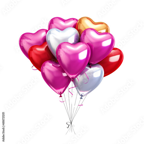 Realistic pink silver Heart balloon on transparent background, Valentine Party air balloons decorative element design
