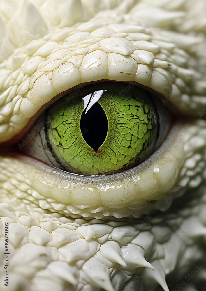 Fototapeta premium Close up green eye reptile or dragon with white scales.
