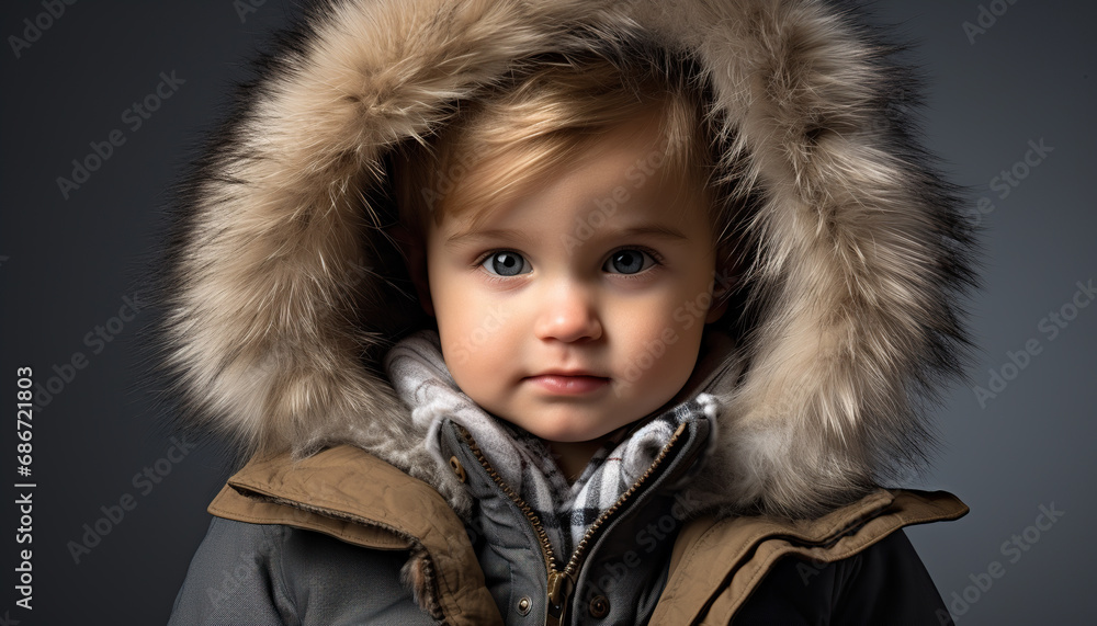 Little boy wearing winter coat with furry hood Little boy wearing winter coat with furry hood