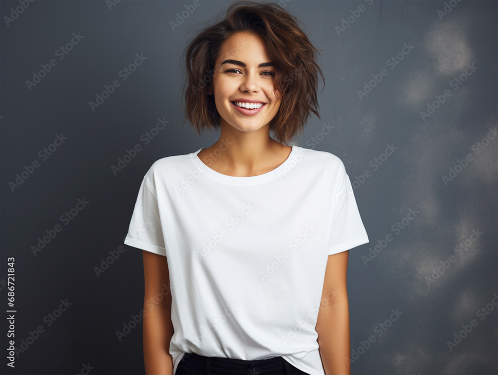 Lady wearing a plain tshirt standing in front of isolated dark background - ai generative Lady wearing a plain tshirt standing in front of isolated dark background - ai generative