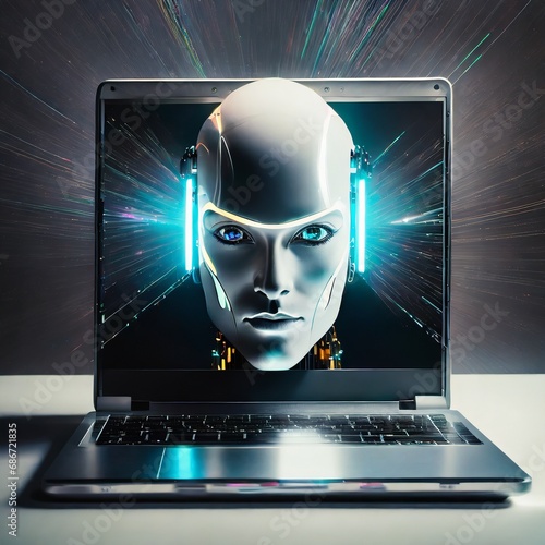 Twarz humanoidalnego robota wychodząca z ekranu laptopa. Motyw sztucznej inteligencji, rozwoju technologii