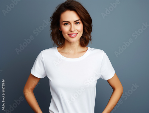 Lady wearing a plain tshirt standing in front of isolated dark background - ai generative