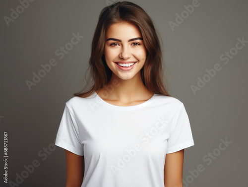 Lady wearing a plain tshirt standing in front of isolated dark background - ai generative