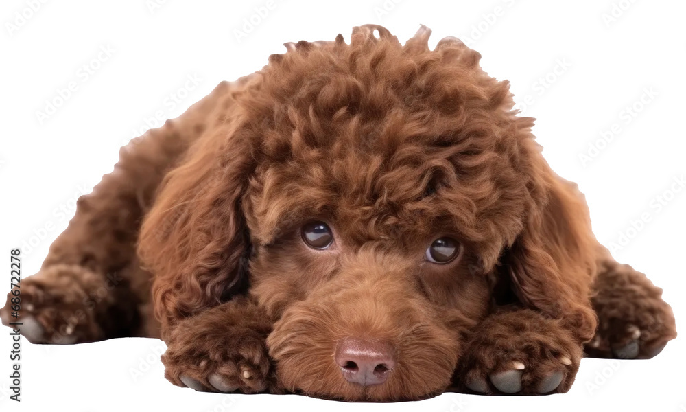 Adorable, cute, chocolate brown miniature poodle lying  isolated on transparent background
