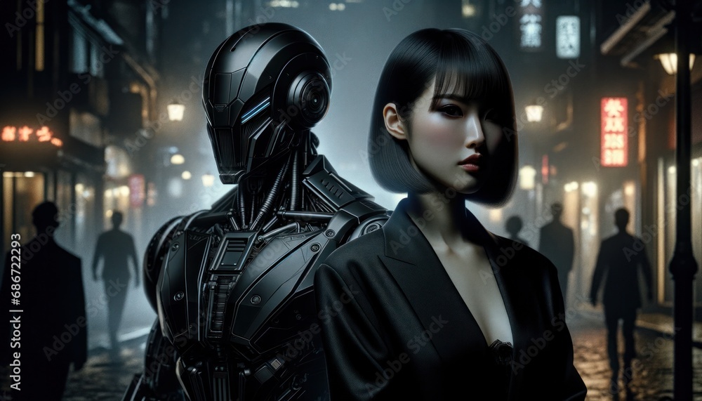 Fototapeta premium A futuristic robot and elegant woman stand side by side in a neon-lit urban street scene