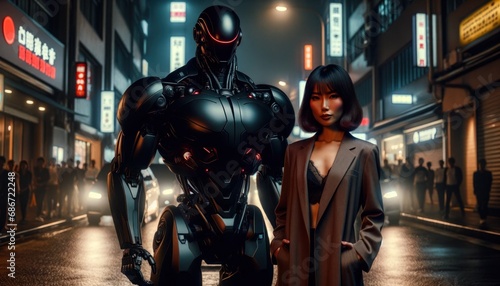 A stylish woman in a trench coat captures a moment with a futuristic robot against a neon city nightscape