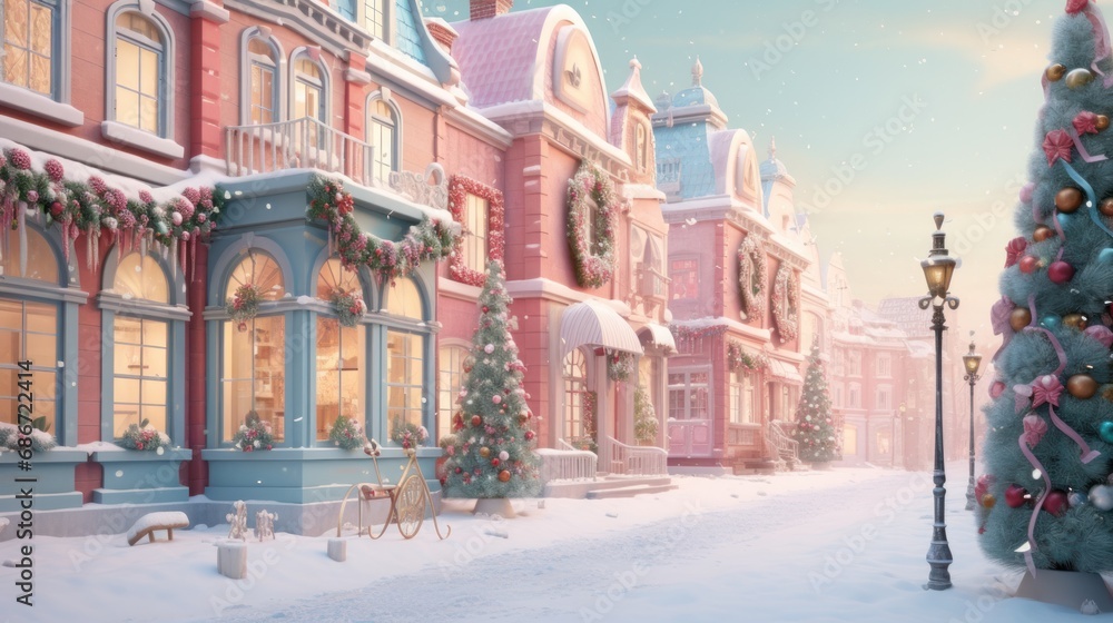 Digitally created snowy town adorned with christmas decorations evokes a festive spirit