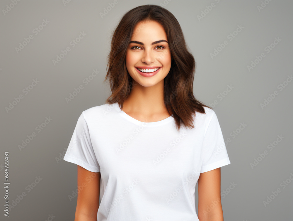 Lady wearing a plain tshirt standing in front of isolated gray background - ai generative Lady wearing a plain tshirt standing in front of isolated gray background - ai generative
