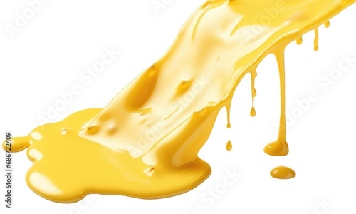 Melting cheese runs from top to bottom, golden yellow, isolated on transparent background
