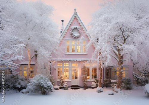 Twilight falls on a pink house decorated with christmas lights and surrounded by a snowy landscape