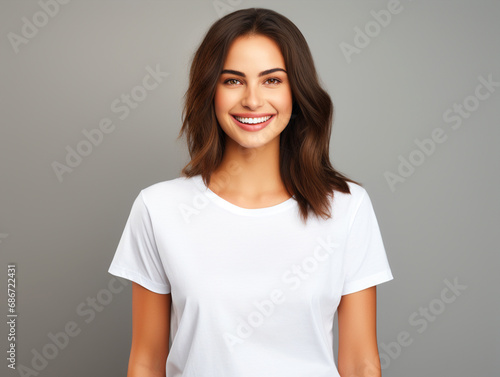Lady wearing a plain tshirt standing in front of isolated gray background - ai generative
