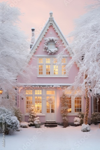 Graceful pink residence nestled amongst frosty trees during a serene winter evening