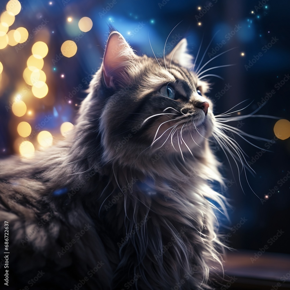 cat in the night on road with blurred lights background