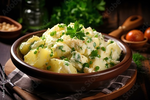 Classic delicious potato salad with herbs on a wooden plate. photo