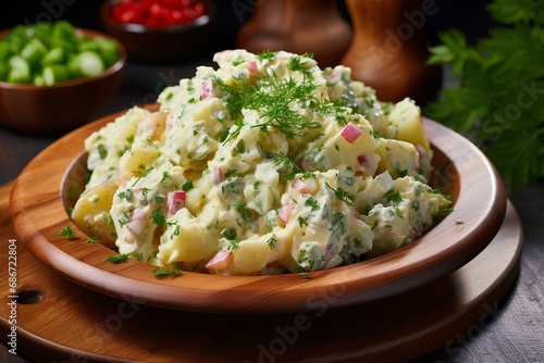 Classic delicious potato salad with herbs on a wooden plate.