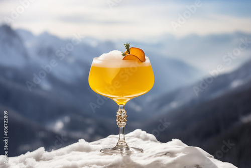 Winter drink. Winter orange cocktail in the snow, on the background of snowy peaks.  © Khrystyna Bohush