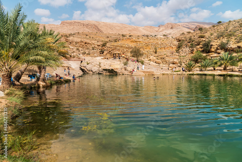 View of the Wadi Bani Khalid oasis in the desert in Sultanate of Oman. photo