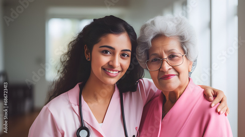 Doctora Latina con paciente mujer latina de edad avanzada interior de consultorio medico color rosa  photo
