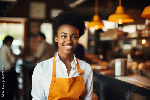 Attractive black waitress in apron waiting in restaurant kitchen while looking at camera against blurred cafe background.