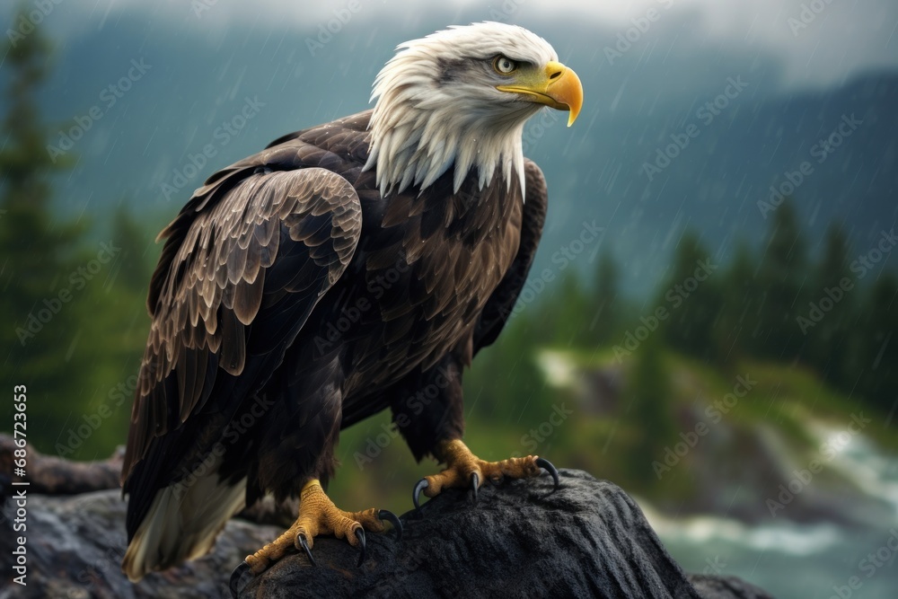 Obraz premium a bald eagle on a rock. Ai ilustration. digital painting. Generative AI Artificial Intelligence Artwork