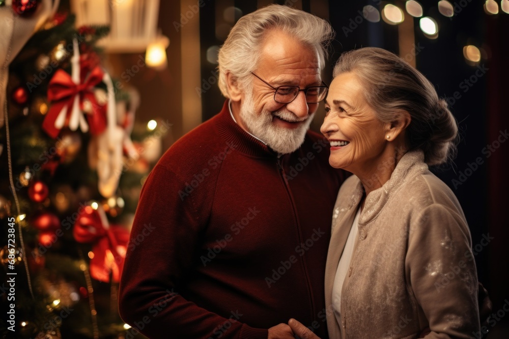 an elderly couple on the background of a Christmas tree in the apartment