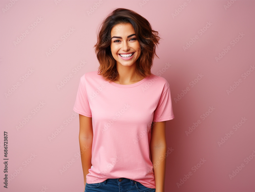 Lady wearing a plain tshirt standing in front of isolated pink background - ai generative Lady wearing a plain tshirt standing in front of isolated pink background - ai generative