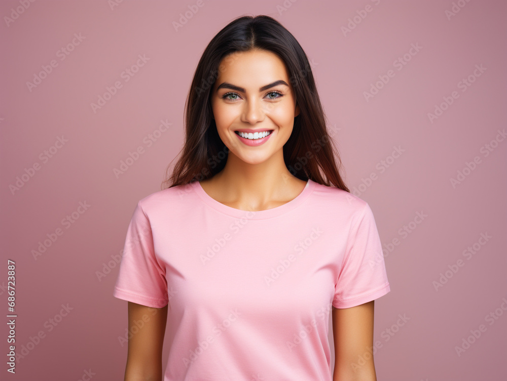 Fototapeta premium Lady wearing a plain tshirt standing in front of isolated pink background - ai generative