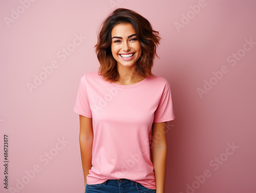 Lady wearing a plain tshirt standing in front of isolated pink background - ai generative
