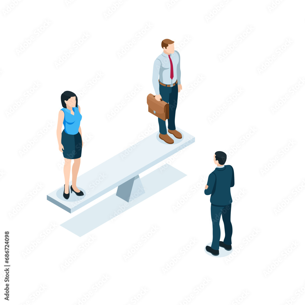 isometric business man and woman on scales, in color on a white background, comparing or evaluating workers and staff isometric business man and woman on scales, in color on a white background, comparing or evaluating workers and staff