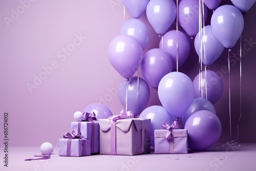 ight violet background with balloons and colorful party supplies in a violet gift box, in the style of shaped canvas