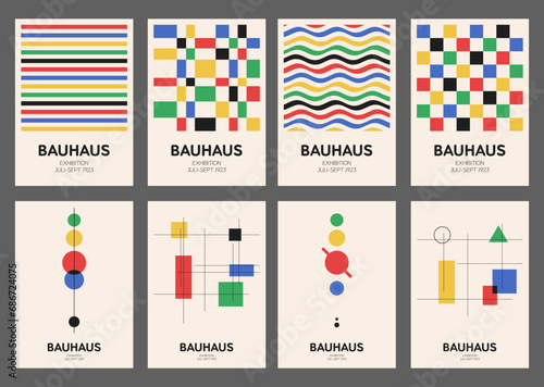 Bauhaus geometric pattern background, vector abstract circle, triangle and square lines art. Yellow, blue, red and green color, trendy Bauhaus pattern backgrounds set