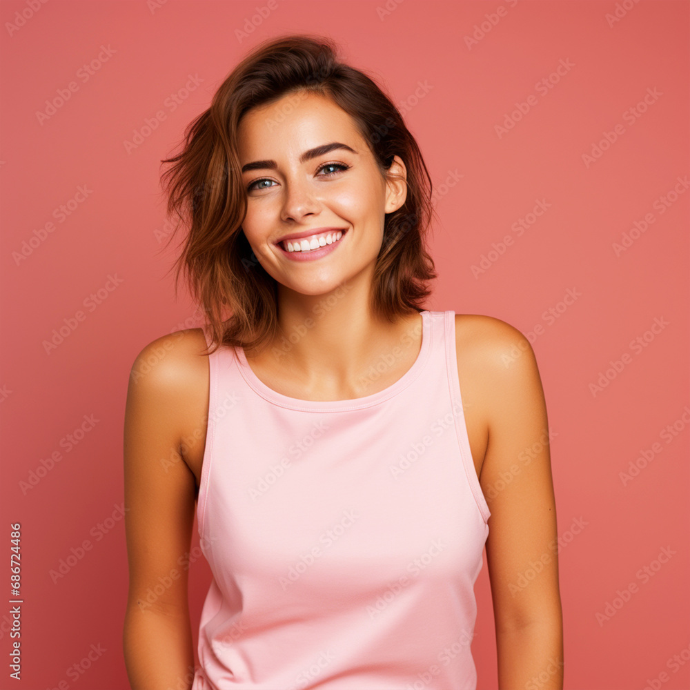 Lady wearing a plain tank top standing in front of isolated pink background - ai generative Lady wearing a plain tank top standing in front of isolated pink background - ai generative