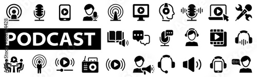Podcast web icons in flat style. Containing audio, microphone, record, podcasting, radio, webcast, audio, video, news, broadcasting, entertainment icons. Vector illustration.