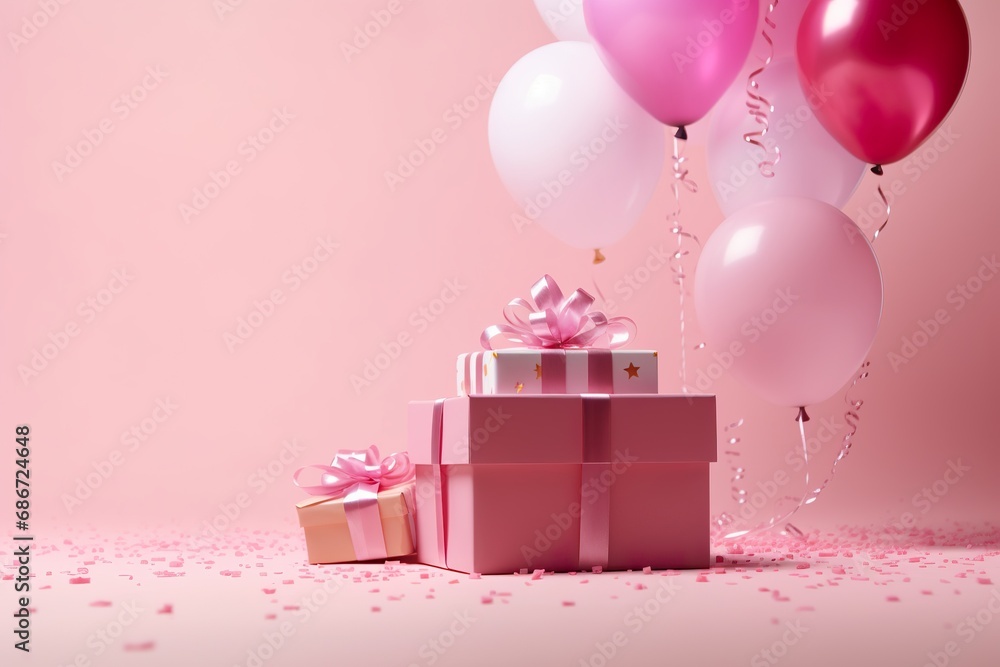 pink background with balloons and colorful party supplies in a pink gift box, in the style of shaped canvas
