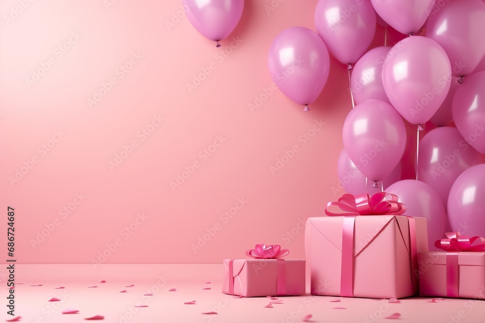 pink background with balloons and colorful party supplies in a pink gift box, in the style of shaped canvas