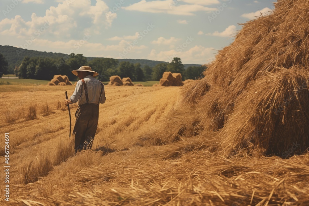 Obraz premium distant view of a farmer gathering hay on his farm. Generative AI