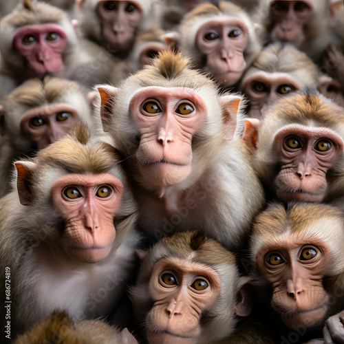 Many macaques monkey heads looking to camera.