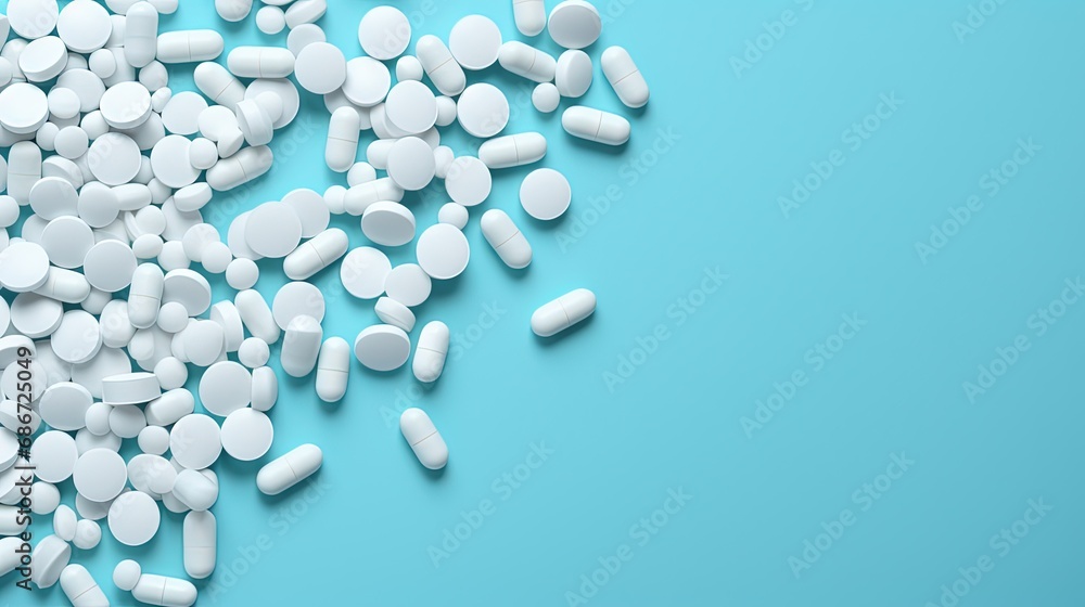 Bunch of various assorted whitel pills on blue background. Top view with copy space. Bunch of various assorted whitel pills on blue background. Top view with copy space.