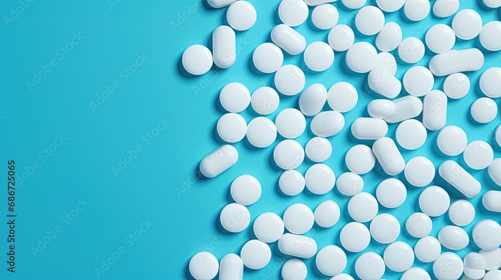 Bunch of various assorted whitel pills on blue background. Top view with copy space. Bunch of various assorted whitel pills on blue background. Top view with copy space.