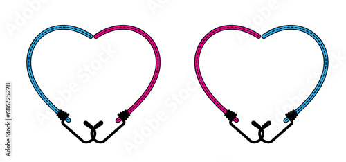 Valentine, valentines day. Love heart with elastic with hook. Cord with Hooks. Spider sign. Rope icon. For Braided elastic strap with hooks. Elastic band. Bungee cords. Rubber strap with steel hooks. 