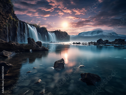 A celestial waterfall pouring from the moon into a crystal-clear lake surrounded by floating islands.