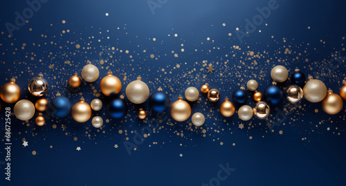 Christmas and New Year background with gold and blue decorations  balls  stars and confetti. Top view  flat lay  copy space.