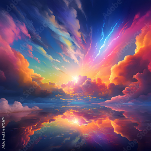 Farbenpoesie am Horizont - Ein bunter Himmel mit Wolken und Spiegelung im Wasser schafft eine zauberhafte Naturszene