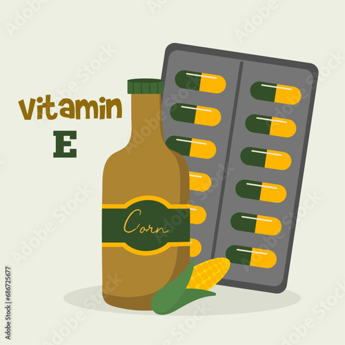Flat Design Illustration with Vitamin E Pack on Table and  Corn Oil