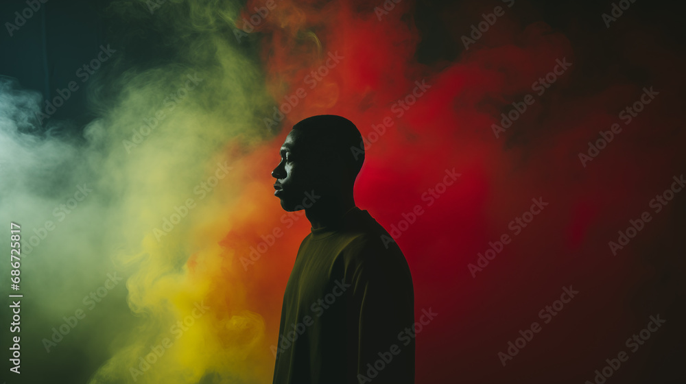 Black History Month. African American History in United States. Red Yellow Green smoke shrouded black man. Freedom holiday. Celebrated annual in February. Poster, design art illustration. Generated AI